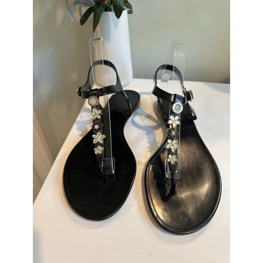 Guess Black Jelly Sandals Thong Flip Flops Rhinestone Flower Charms Size 10